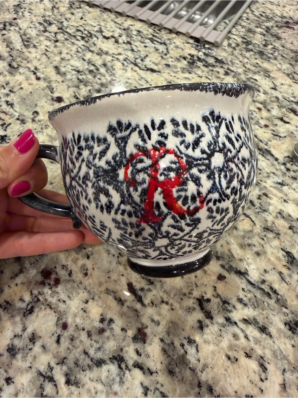 Anthropologie Navy and White Ceramic Mug with Red Monogram